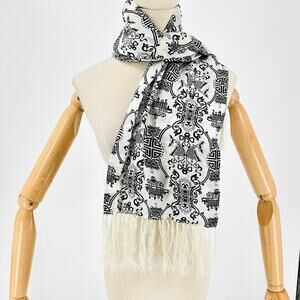 Black White Silk Satin Chinese Asian Motif Tapestry Print Fringe Scarf